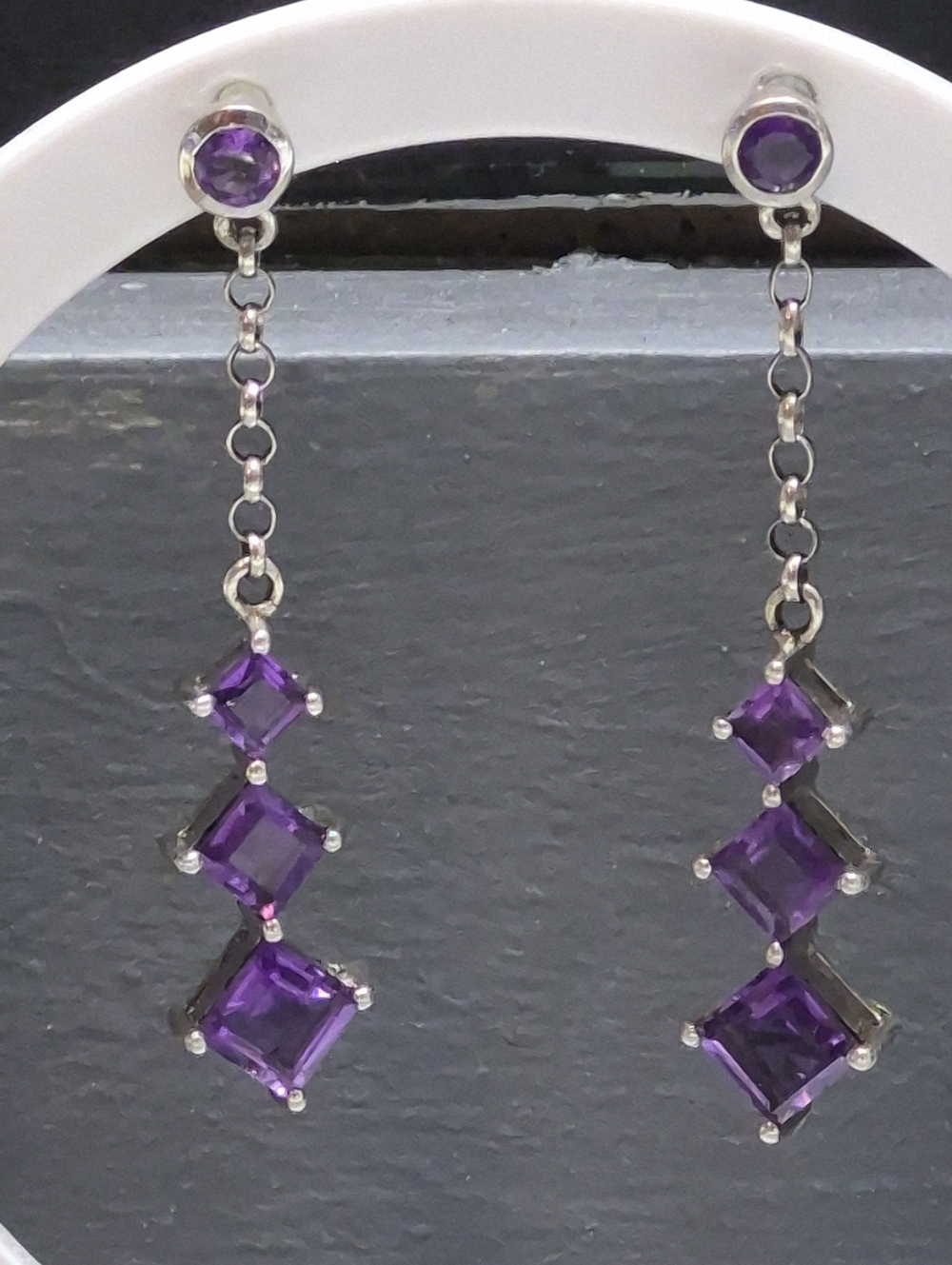 Sterling Silver 3 Square Graduated Cut Amethyst  Dangle Drop Chandelier Earrings
